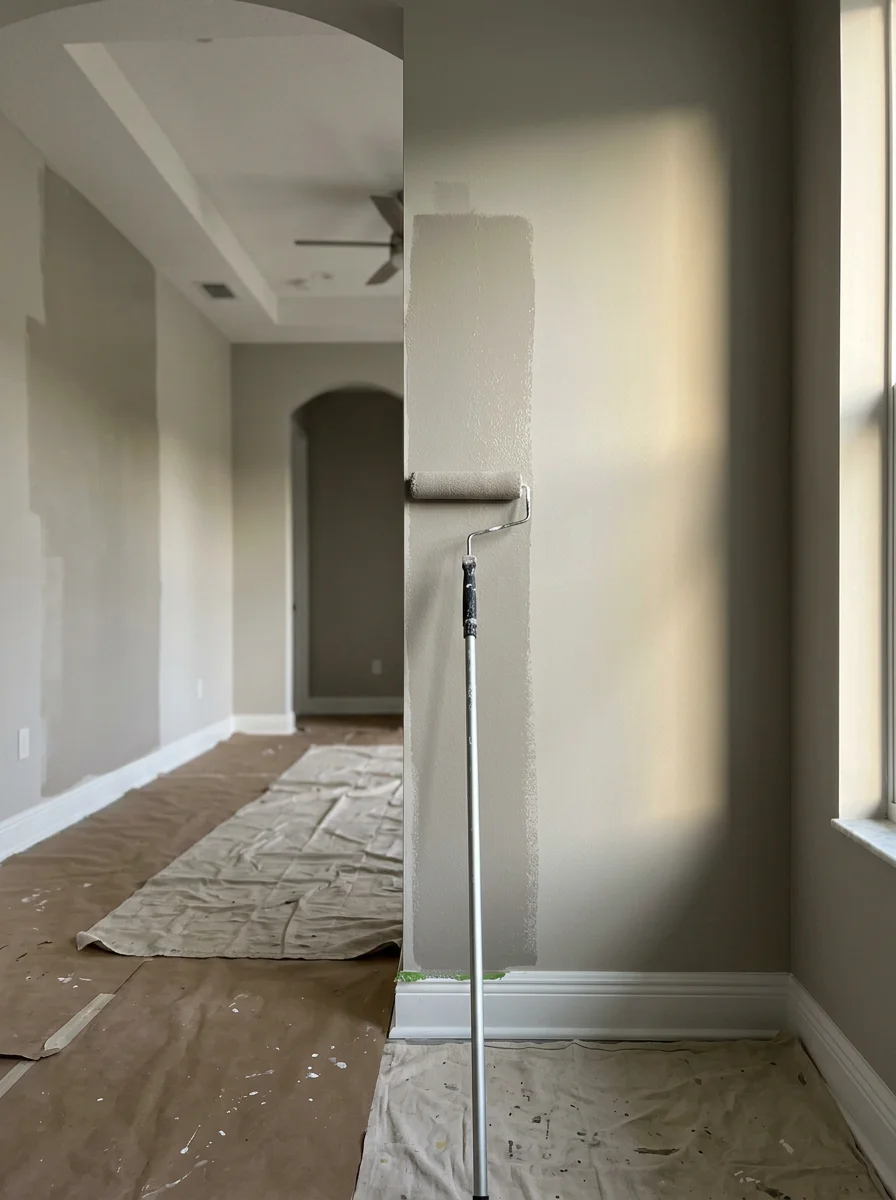 Interior painter rolling a fresh coat of paint on the walls of an open-plan living room inside a newer Apopka home, with clean trim lines visible along the baseboards.
