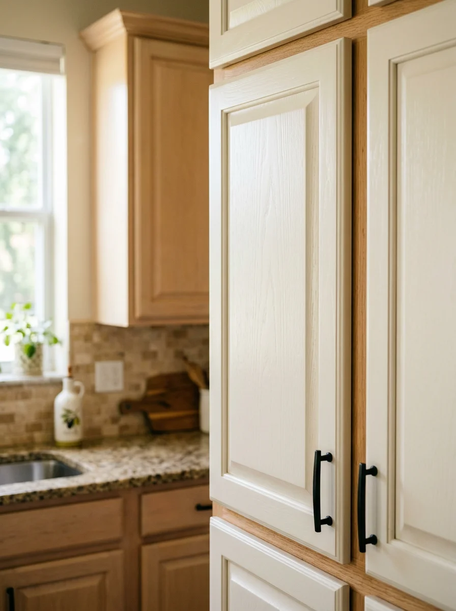 Close-up of freshly painted kitchen cabinets inside a Clermont home, showing a smooth enamel finish on wood-frame cabinet doors.