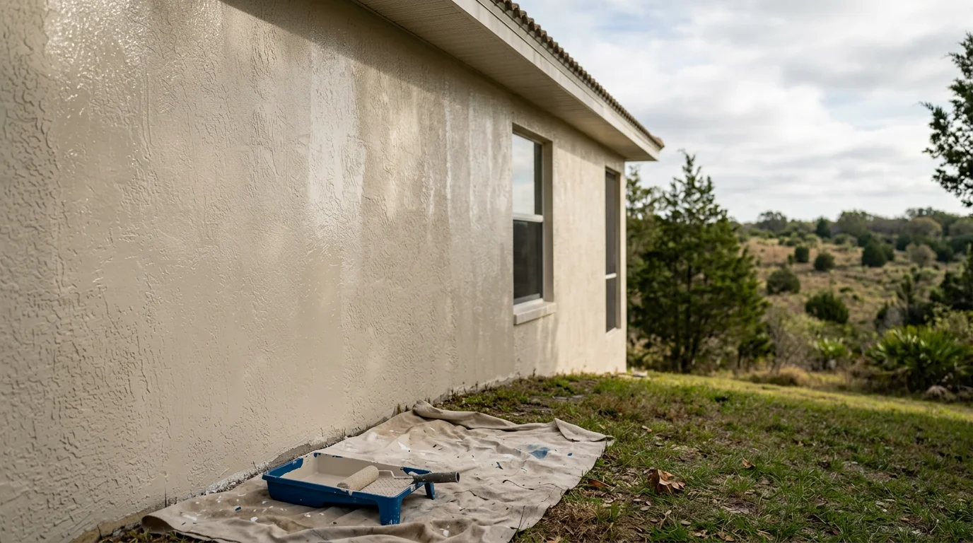 Painter applying exterior paint to a stucco home on a hillside lot in Clermont, Florida, with rolling terrain visible in the background.