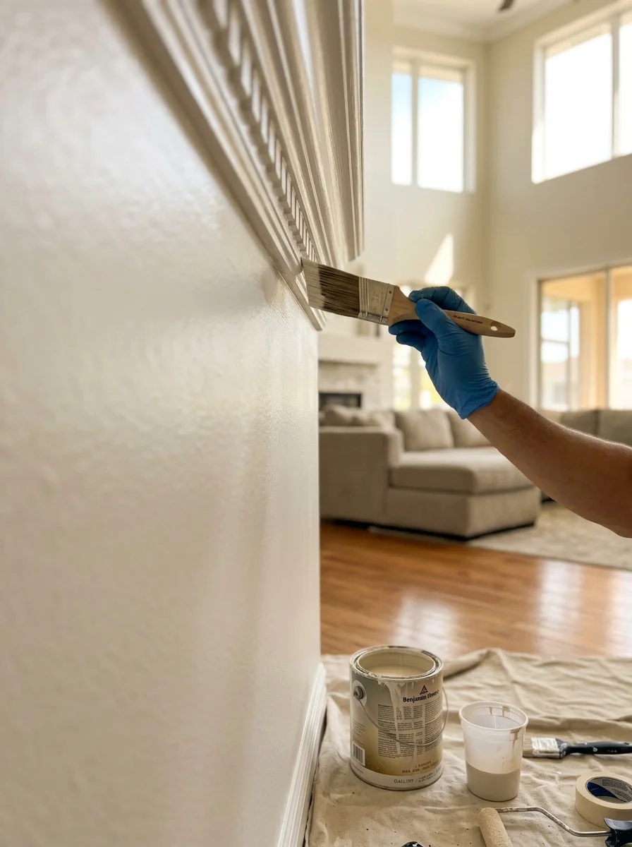 Interior painter cutting in wall color along crown molding in a large open-plan living room inside a newer Orlando home in Lake Nona.