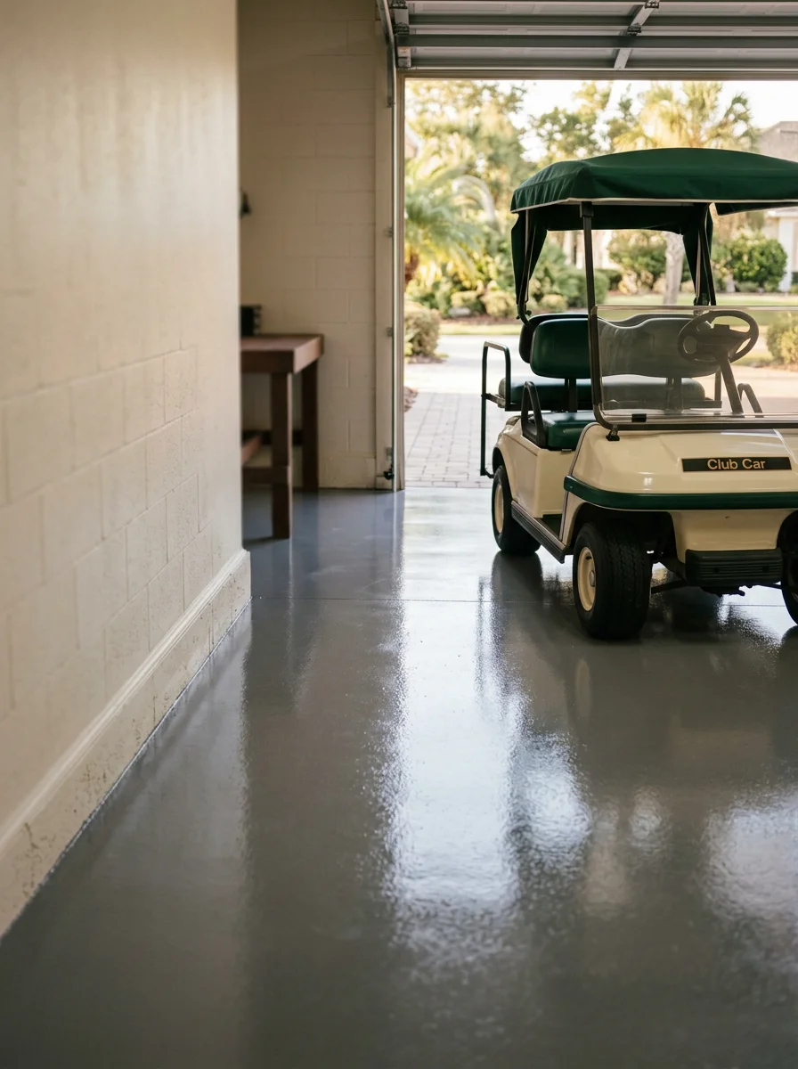 Freshly painted garage floor with a gray epoxy coating inside a Villages home, with a golf cart parked on the sealed surface.