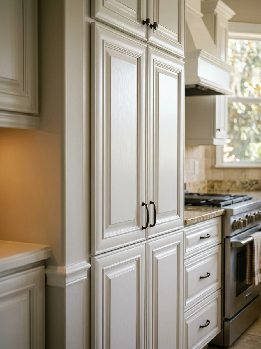 Freshly painted custom kitchen cabinets inside a Windermere estate home, showing a smooth white enamel finish on raised-panel cabinet doors.