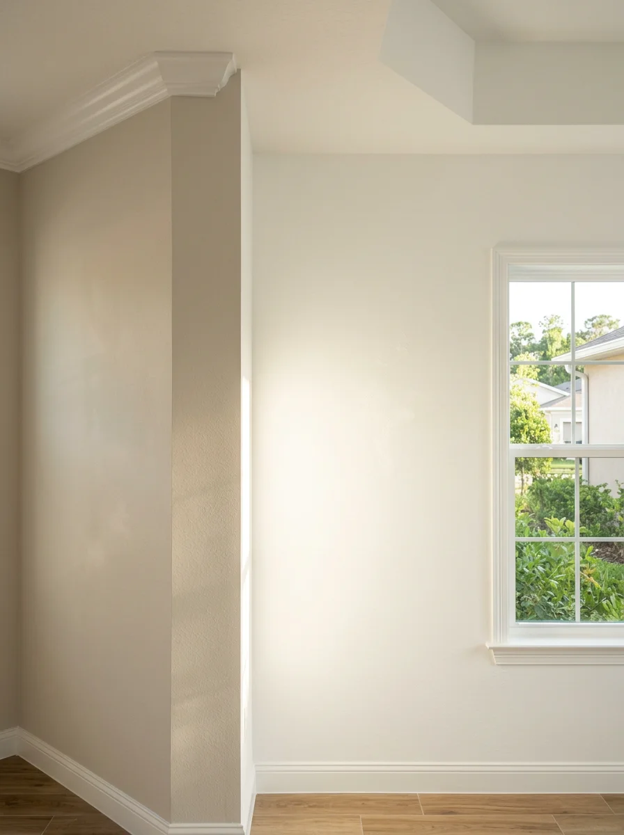 Freshly painted interior walls in a large open-plan living room inside a newer Winter Garden subdivision home, with high ceilings and natural light.