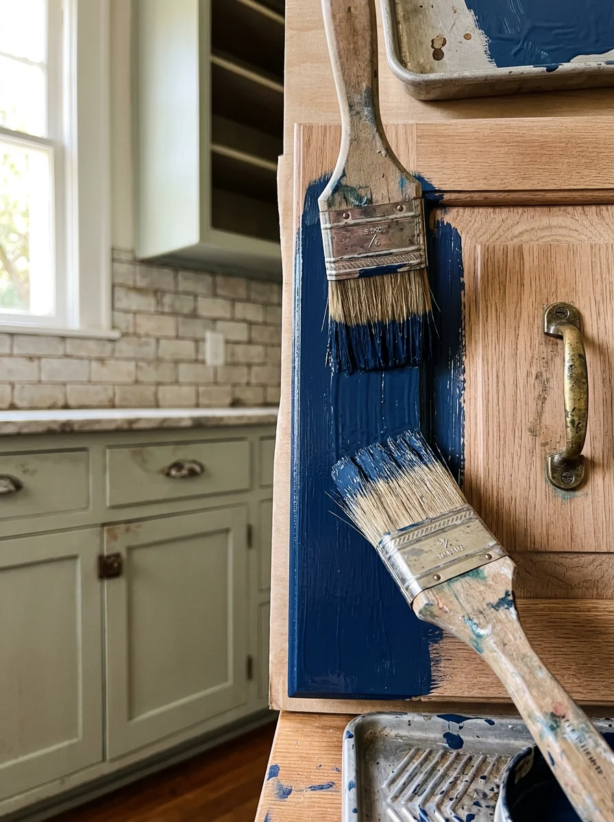 Close-up of a painter's brush applying enamel paint to original wood cabinet doors inside a Winter Park historic home kitchen.