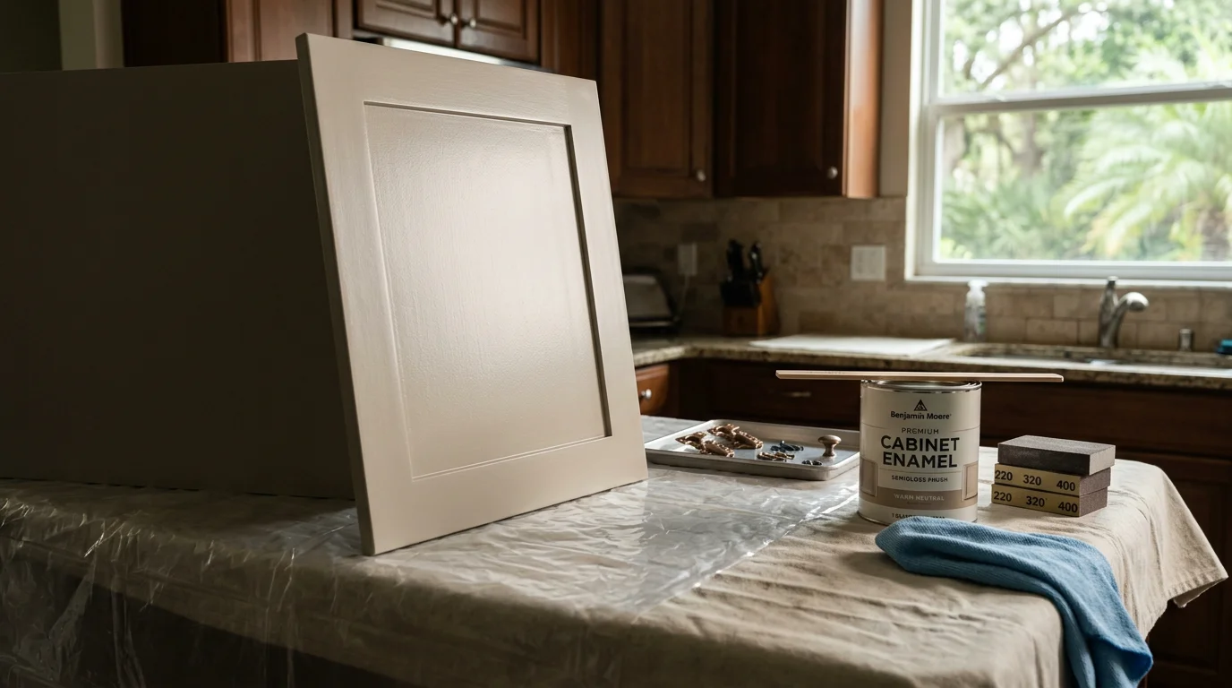 Freshly painted white kitchen cabinets in a Clermont, Florida home with clean lines and a smooth matte finish. A professional painter applies a finish coat to cabinet doors removed and laid flat for even coverage.