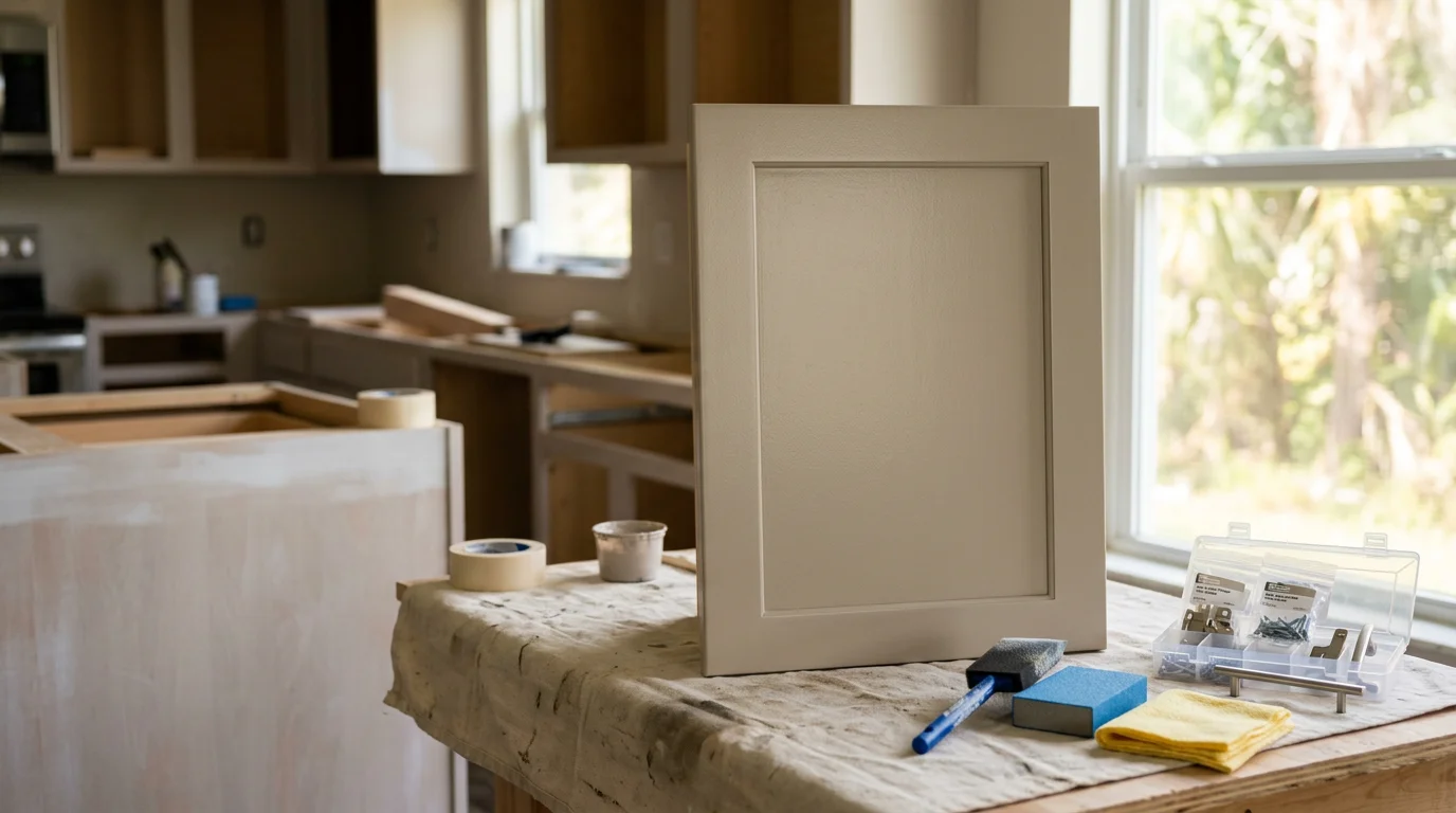 Freshly refinished white kitchen cabinets in a Clermont, Florida home, showing smooth door surfaces and clean hardware after professional refinishing. Close view highlights even finish coverage on cabinet frames and drawer fronts.
