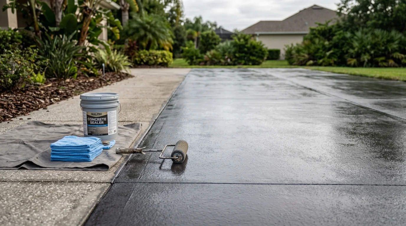 A freshly sealed concrete garage floor in a Clermont home, showing a clean, smooth surface with a low-gloss protective finish. The sealed slab reflects overhead lighting and shows no staining or surface damage.
