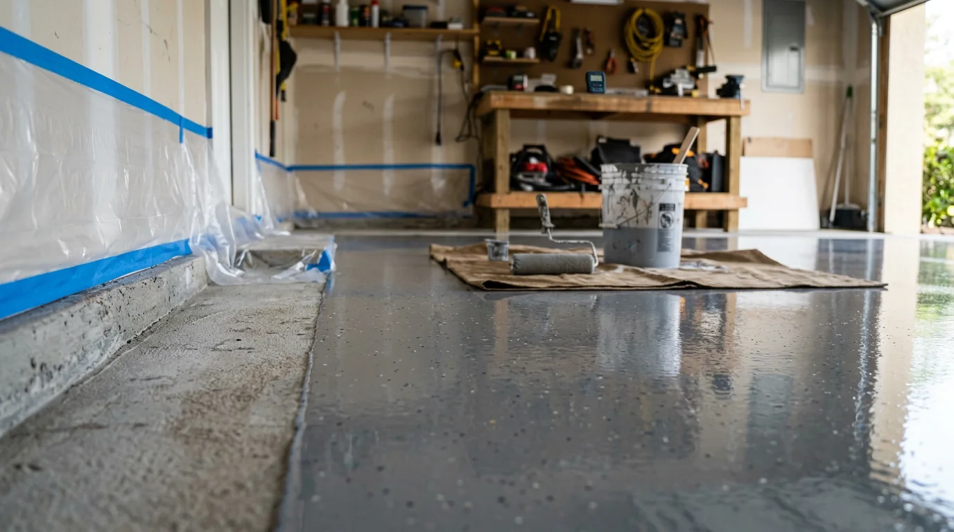A freshly finished epoxy floor inside a Clermont home showing a smooth, high-sheen surface with clean edges and no visible debris. The sealed concrete reflects overhead light evenly across the room.