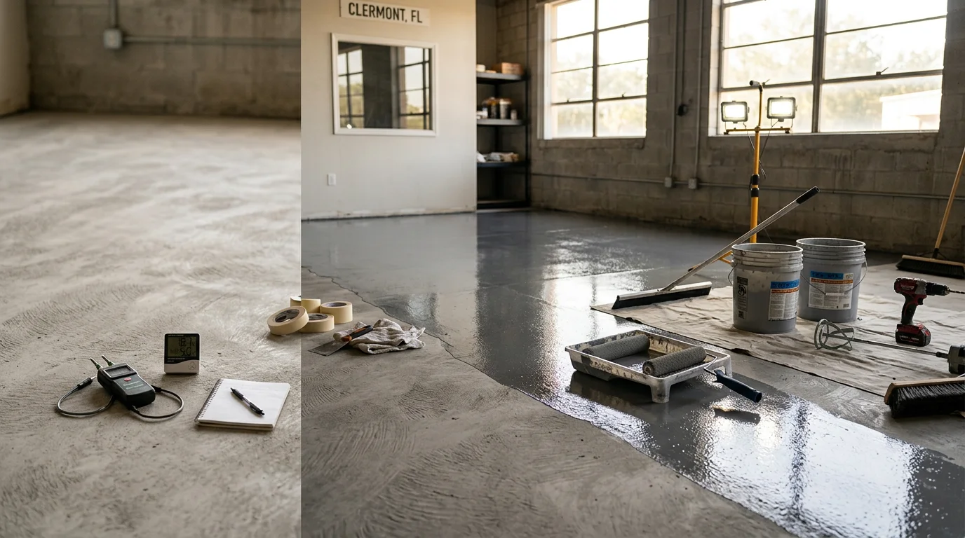 Freshly installed epoxy floor coating on a residential concrete slab in Clermont, Florida, showing a smooth, sealed surface with an even finish. The floor reflects overhead lighting in a clean, open interior space.