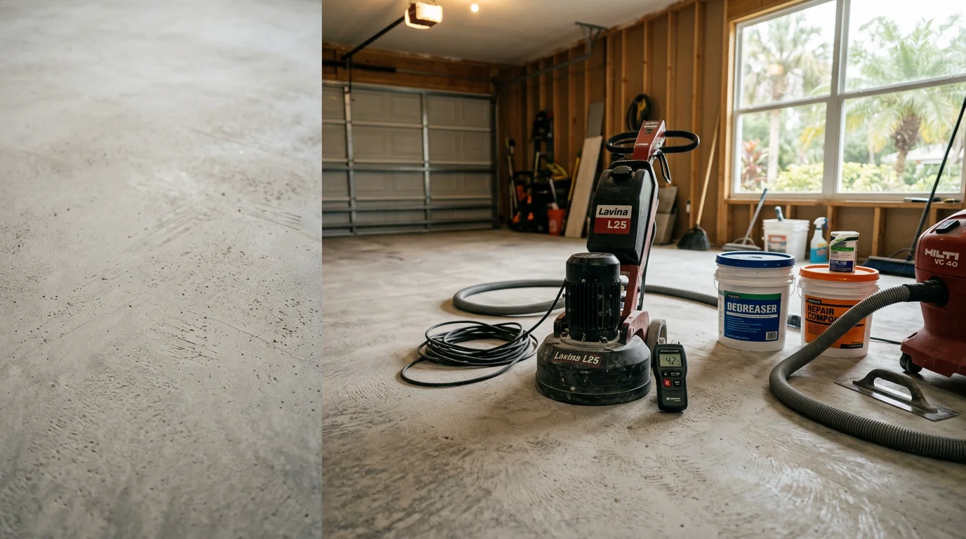 A concrete garage floor in Clermont, Florida after professional surface preparation, showing a clean, uniformly ground slab with repaired cracks and a dry, open profile ready for coating. The floor surface is free of debris, oil stains, and surface irregularities.