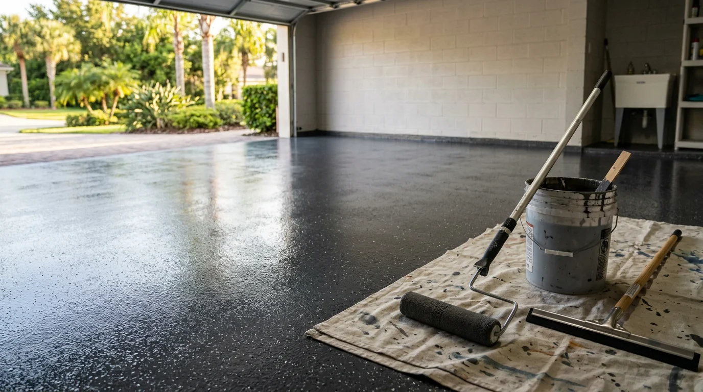 A freshly coated garage floor with a smooth epoxy finish inside a Central Florida home in Clermont. The floor is clean and free of stains, with the garage door open showing a typical Florida residential exterior.