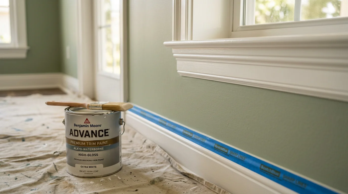 Freshly painted white crown molding and baseboards in a Clermont, Florida home interior, showing clean lines where trim meets a neutral-colored wall. Close-up view of a painted door casing with sharp edges and no paint bleed onto the surrounding wall surface.